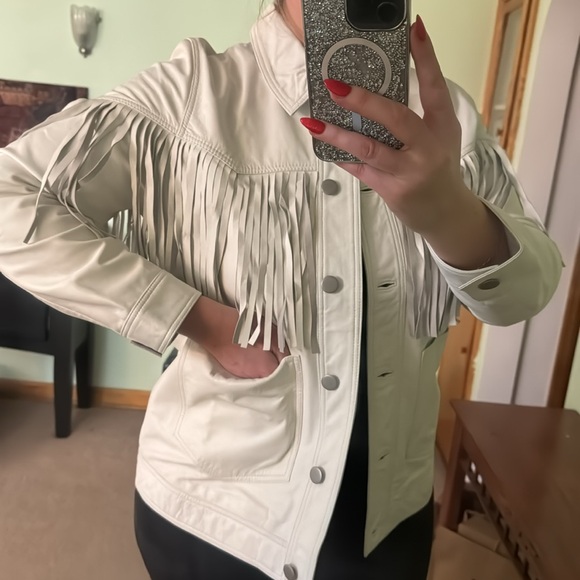 Topshop Roy fringed white leather jacket US size 12 - Picture 16 of 16